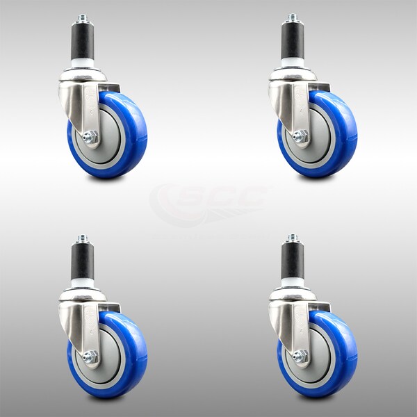 Service Caster 4 Inch 316SS Blue Polyurethane Swivel 1-3/8 Inch Expanding Stem Caster Set SCC SCC-SS316EX20S414-PPUB-BLUE-138-4 - main